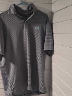 LG Men's Gray Striped Polo with Teal Logo